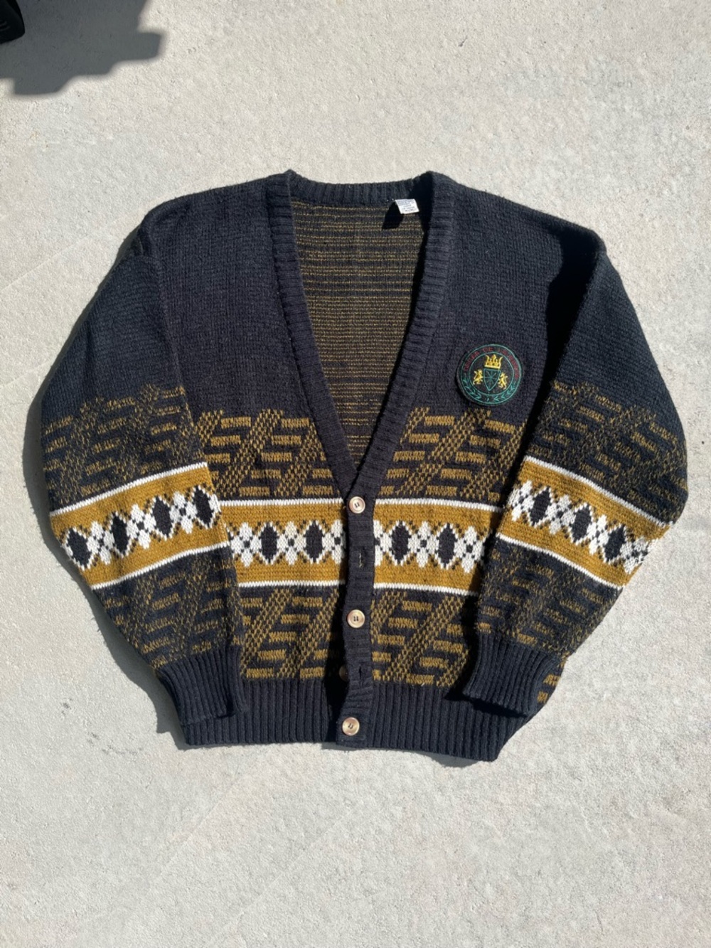 Black and Mustard Patterned V-Neck Cardigan Sweater